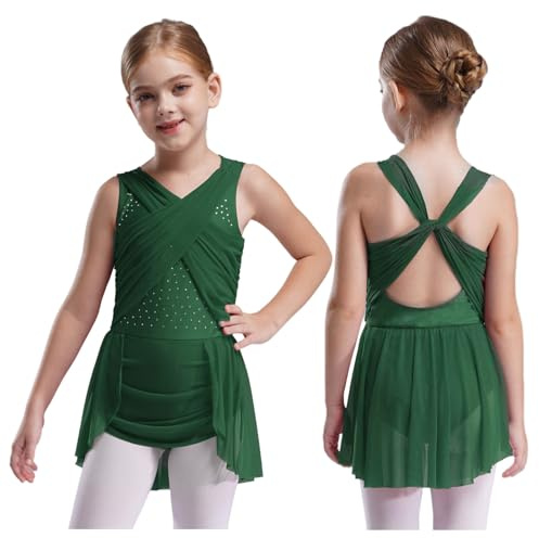 Aislor Girls Gymnastics Dancing Costume Lyrical Leotard with Wrap Skirt Ballerina Ballet Dance Dress Green 5-6 Years