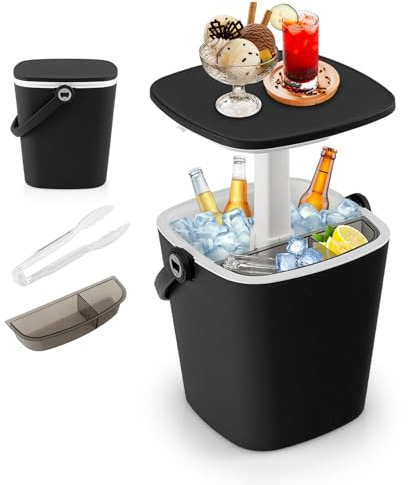 SOARS 3 in 1 Tavolino Frigo Bar 15L, Secchiello Ghiaccio Regolabile in Altezza 35 X 34 X 37-58 CM, con Scatola per Ghiaccio, Pinza, Portaghiaccio per Giardino, Piscina, Soggiorno (Nero)
