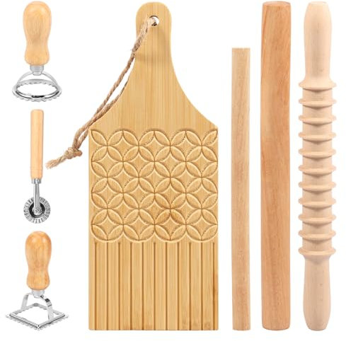 7 PCS Pasta Making Tools Set - Includes Spiral Rolling Pin, Wooden Rolling Stick, Gnocchi Board, Ravioli Stamp Maker Cutter- Practical DIY Pasta Making Kit for Home Kitchen Cooking
