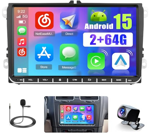 2+64GB Hikity Android 15 Radio de Coche Wireless Carplay para VW Golf 5 Golf 6 Skoda Polo Passat Tiguan Touran Seat Android Auto, Pantalla Táctil de 9 Pulgadas Radio GPS WiFi Bluetooth FM/RDS Radio