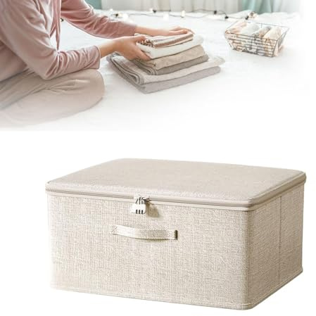 MinimalistLinen Lockable Storage – Foldable Fabric Organizer Box with Dual Zippers, Stackable Design for Clothes, Toys & Seasonal Wardrobe