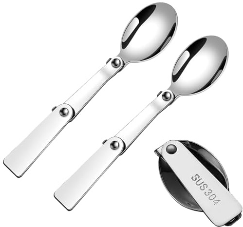 2PCS Folding Spoons Set - Foldable Travel Spoons - 304 Stainless Steel Spoons - Portable Outdoor Cutlery - Camping Picnic Hiking Use (Silver)