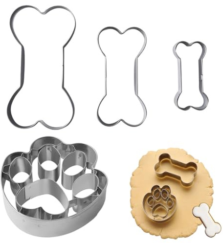 KYLOS 4-teiliges Hundepfoten Ausstecher Set, Knochen & Pfoten Keksausstecher aus Edelstahl, Plätzchenausstecher für Hunde-Leckerlis & Kekse, Backzubehör mit Prägemustern