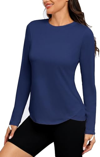 PINSPARK Sportskjorta dam UPF 50+ solskydd snabbtorkande sport T-shirt lätt löpartröja yoga långärmad tröja andas funktionell tröja fitness rashguard, Mörkblå, M