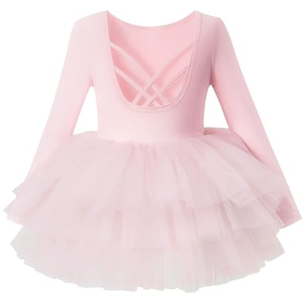 Toddler Girls Ballet Tutu Dresses Long Sleeve with Skirted Criss-Cross Back Skirted Dance Dress Ballerina Outfits Pink 2-4T