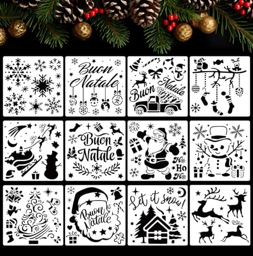 BOOMTOP 12pz Stencil Pittura Disegno Natale Natalizi Stencil Template Natalizi Babbo Natale Pupazzo Renna per Scrapbooking Diario Disegno Creazione Artigianato Biglietti Auguri