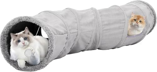 BREEZENEST Collapsible Cat Tunnel Toy with Square & Round Holes, 46 Extra Long Durable Pet Tunnel for Indoor Cats & Kittens, Foldable Play Tunnel for Rabbits & Small Animals, Grey (S-shaped)