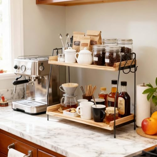 BZUEPRS Coffee Station Organizer for Countertop, 2 Tier Wooden Coffee Bar Accessories and Organisation with 4 S-Hooks, Standing Tea and Coffee Condiment Storage for Kitchen Office Home
