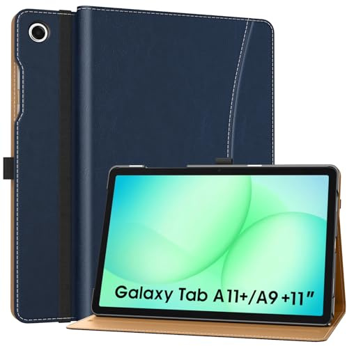 MoKo Cover per Samsung Galaxy Tab A11+ /A9+ Plus 11, Blu Scuro | Pelle PU Cover per Samsung Tablet (2025/2023) con Cinturino da Mano & Tasca Frontale, Auto Sveglia/Sonno, Multi-Angolo