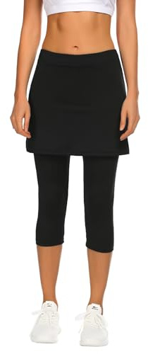 PINSPARK Tennisrock Damen Rock mit Hose Drunter Laufen mit 3/4 Yoga Pants | Hohe Taille Hosenrock, 2 in 1 Tennis Rock mit Engen Capris für Gym Wander Radfahren Jogging, Taschen, Kopfhöreranschluss