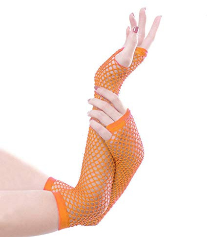 DACONGMING Netzhandschuhe Damen Lange Fischnetz Fingerlose Handschuhe Glänzende Modische Opernhandschuhe 80er Jahre Kostümparty Cosplay Zubehör für Karneval (Orange, One Size)