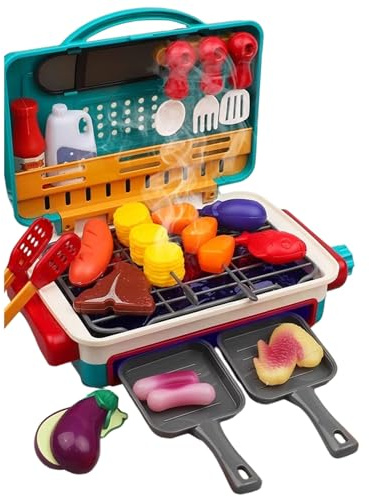 Set da gioco per barbecue per bambini, 35 pezzi/set, di giocattoli da cucina per alimenti simulati che cambiano colore, con fumo e luce, accessori da cucina divertenti in 2 modalità per ragazze