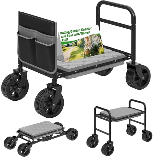 NIUXX Adjustable Garden Kneeler Seat with 360° Rotating Wheels for Gardener | 3-in-1 Foldable Gardening Thick Cushion Pads with Tool Pouch - 200kg Load Max - Heavy Duty Kneeling Stools Bench with Castors
