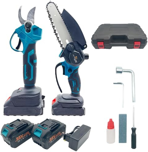 Set Mini Motosega Elettrica 6” e Tronchese Elettrica – Kit Potatura Completo con 2 Batterie, Forbici Elettriche da Giardino