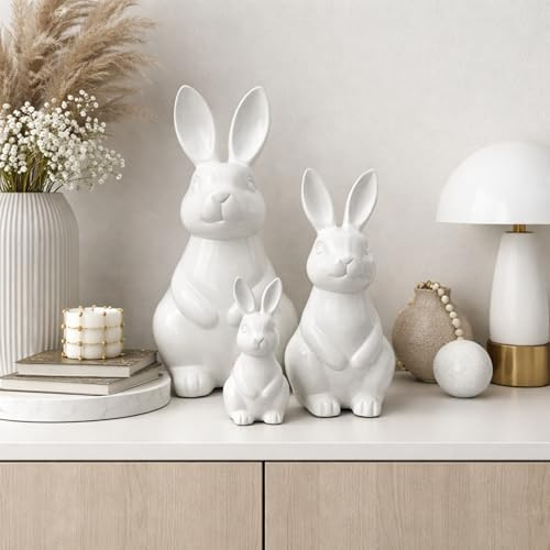 Jumbos Dekowelt Keramik Hase Dekofigur Weiß – Osterhase modern – Glasiert – Dekofigur für Ostern & Frühling – Wohnzimmer, Tisch & Fensterbank – 3 Größen (10 x 11 x 20cm)