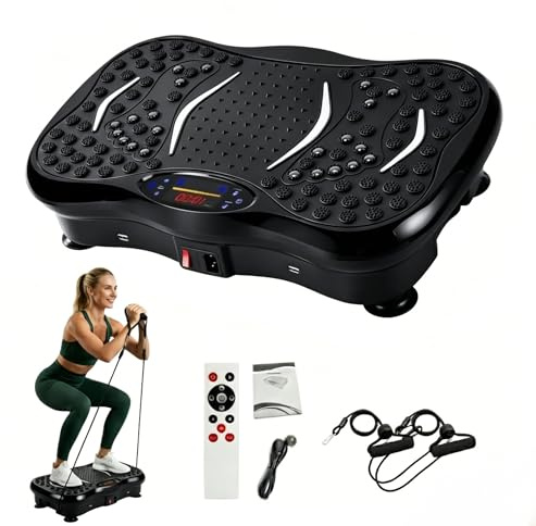 Vibrationsplatte mit Bluetooth, 120 Stufen, Massagefunktion, Schwarz | Bluetooth-Lautsprecher, 120 Stufen, LED-Touchscreen, Fernbedienung, Massage-Noppen und Widerstandsbänder fürs Home Gym