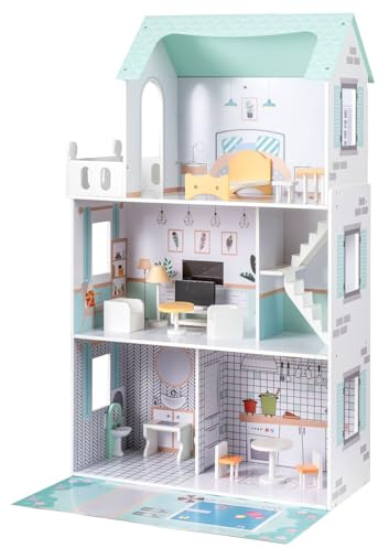 COSTWAY Puppenhaus Holz, Kinder Dollhouse mit 17 Möbelstücken, große Puppenvilla 120,5 cm Hoch mit 3 Etagen, Traumvilla für Mädchen & Jungen ab 2 Jahren, 73 x 34 x 120,5 cm (Grün)
