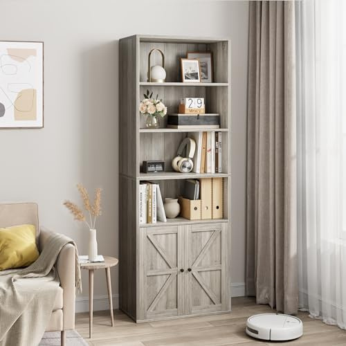 Garvee Bücherregal mit 4-stöckigem Spanplatten-Schrank mit X-Tür - modern, grau