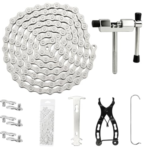 DRERIO Kit de cadena de bicicleta de 6/7/8 velocidades, 116 eslabones y herramienta de extracción de cadenas de bicicleta, cepillo limpiador de cadena, 3 pares de alicates de separación de eslabones