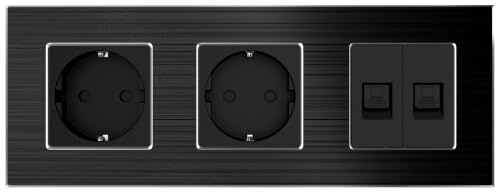 PULSAR Netzwerkdose x2 mit 2 Steckdosen Unterputz 3 Fach Schwarz Aluminium