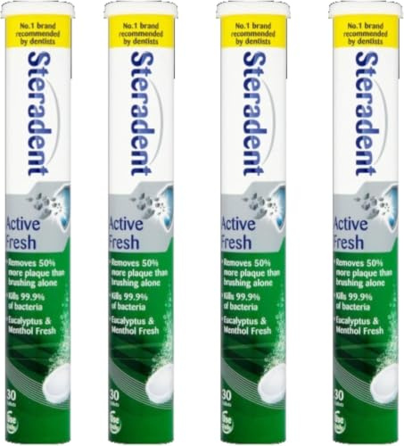 Steradent Active Fresh Denture Cleaning Tablets 120 - Pack of 4 - Removes Stains & Plaque | Kills Bacteria | for Dentures, Retainers & Mouth Guards | Stain Removal & Sterilising