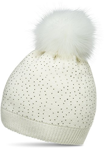 Caspar MU191 Damen Fein Strick Winter Mütze mit Fellbommel und dezentem Glitzer Strass