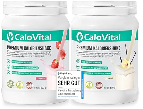 Zunehmen mit CaloVital | Zunehmshake hochdosiert mit vielen Vitaminen | Weight Gainer für schnelle Gewichtszunahme & Masseaufbau |Premium Qualität aus Deutschland (2er Set Vanille - Erdbeere)