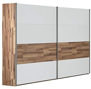FORTE MODERN WAY Schrank 270, Kleiderschrank, Schwebetürenschrank groß Skandinavisch Modern Schlafzimmer 2-türig, Weiß Matt / Holzdekor: Stabeiche, 270 cm breit x 210.5 cm hoch x 61 cm tief