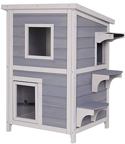 lionto Outdoor Katzenhaus zum Spielen und Ausruhen, Holzhaus für Katzen mit wetterfestem Bitumendach, 56x52x82 cm, Fenster und 3 Zugängen, robuste Katzenhütte mit Aufbauanleitung, grau/weiß