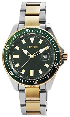 Raptor Herren-Uhr mit Edelstahl Gliederband Datumsanzeige Leuchtzeiger Durchmesser 43mm Analog Uhr Bicolor grün