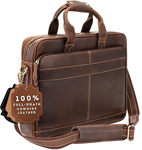 Luxorro fullnarvigt läder portfölj för män – laptopväska med datorfack i läder, Mörkbrunt, 15.6-inch, She is beauty she is grace t-shirt enhörning presenter
