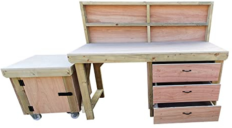 Arbor Garden Solutions Wooden Work Bench With Drawers and Functional Lockable Cupboard and Back Panel - 18mm Eucalyptus Top (5ft)