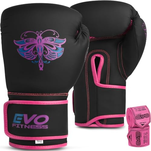 EVO Fitness Ladies Matte Pink Boxing Gloves Punch Bag Women MMA Muay Thai Martial Arts Kick Boxing Girls Sparring Training Fighting Gloves With Hand Wraps (Pink, 14 OZ)