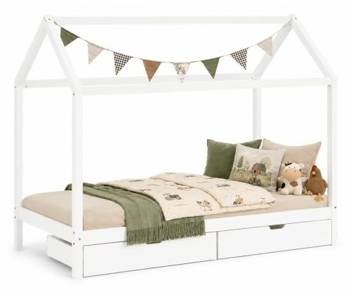 Homestyle4u Hausbett 90x200 mit Schublade - Montessori Kinderbett Weiß | Bodenbett aus Kiefer Massivholz inklusive Lattenrost - Stabiles Jugendbett mit Bettkasten für Jungen und Mädchen