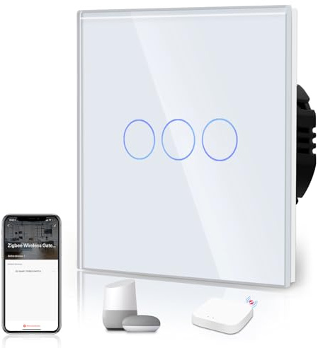 BSEED Interruptor Tactil ZIGBEE Sin Neutro,Vidrio Panel con luz Piloto,Compatible con Alexa/Tuya/Smart Life,Requiere Hub,3 Gang 1 Vía,86mm Blanco
