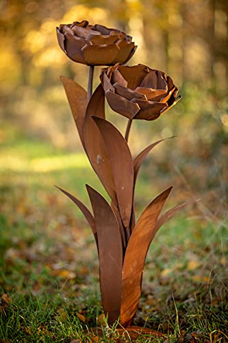 EdelrostFabrik Rose mit Zwei Blüten aus Edelrost Deko-Blume aus Metall für den Garten 130cm rostige Gartendeko