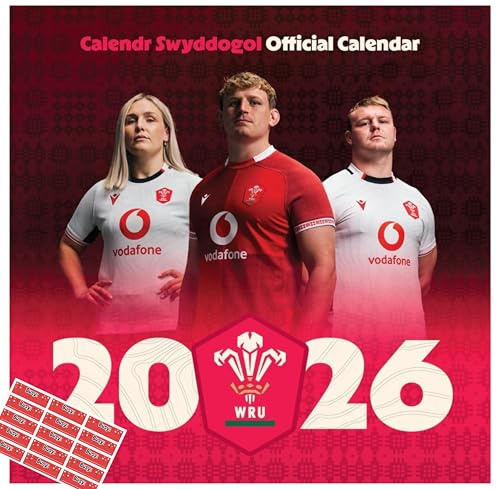 Welsh Rugby Union 2026 Calendar Wales Square Wall hanging Calendar with FREE Organising Stickers Included