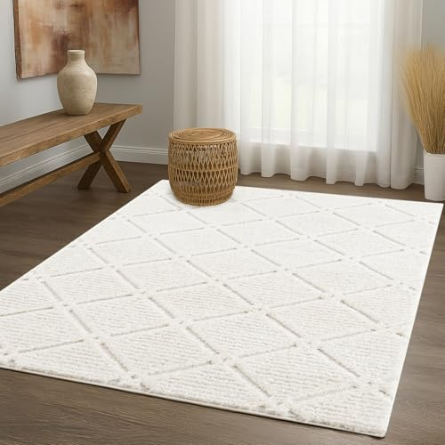 payé Teppich Wohnzimmer Hochflor - Boho - Cream - 120x170cm - Einfarbig - Modern Raute Meliert Muster - Skandinavisch Flauschig Weich - Wohnteppich Schlafzimmer Dekoration