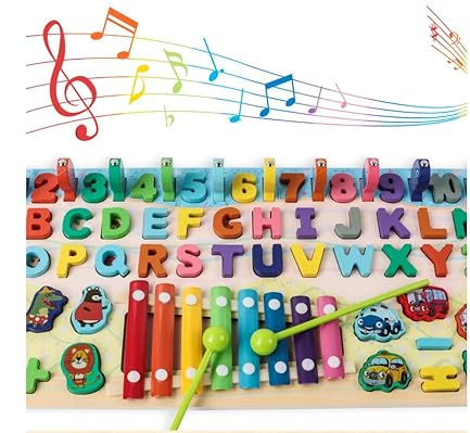 Flex 6-in-1 Holzspielzeug zum Lernen des Alphabets und der Zahlen aus Holz mit Magnetfisch mit Xylophon und Musikkomponente