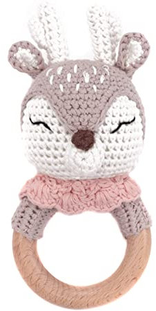 Baby Rassel Beißring Baby Spielzeug Häkel Rassel Holz Greifling Baby Rassel Geschenk zur Geburt,Niedliche Fuchs Tiger Löwe Hase Babyrassel, Baby Kleinkind Frühe Lernspielzeug für Jungen Mädchen Baby