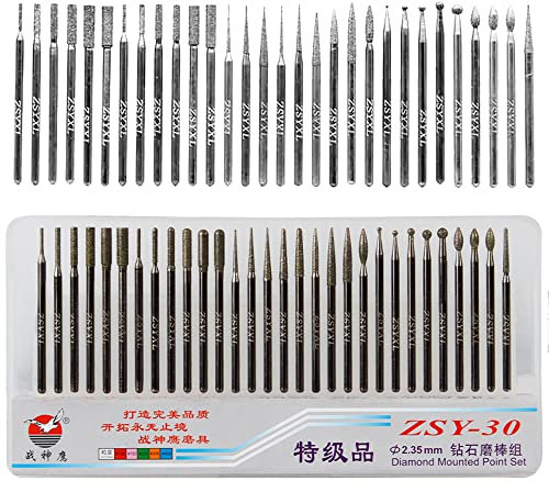 Treki 30pcs Juego de Brocas de Diamante con 2.35 mm Vástago Fresas Diamante Brocas de Pulido Herramienta Rotativa Accesorios para Vidrio Piedra Metal Grabado de Bricolaje Rotary Tool