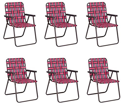 TANGZON 6 x Folding Beach Chair, Portable Deck Chairs Set, Outdoor Lightweight Camping Picnic Fishing Armchair Seat for Garden Patio Balcony Poolside, 120KG Weight Capacity of Each (Red)