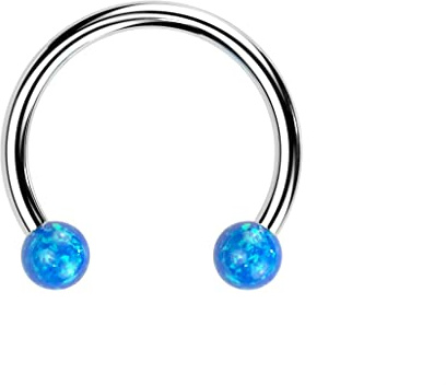 Paula & Fritz® Push-In Set Hufeisen Silber 10-mm Titan-IUM Grade 23 Opal Blau Gewindelos 1,2-mm Stärke Press-Fit Circular Barbell Septum-Piercing Aufsatz