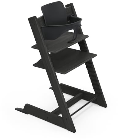 Seggiolone Tripp Trapp di Stokke (Oak Black) con Baby Set (Black) - Sedia regolabile ed evolutiva per bambini e adulti - Design ergonomico e classico