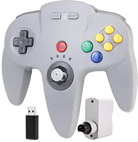 Wireless N64 Controller, 2.4GHz mit USB-Receiver N64 Empfänger, Remote Gamepad Joystick kompatibel mit N64 Konsole, Windows PC MAC Raspberry PI Switch (Grau)