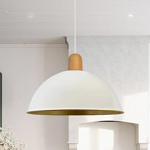 bamyum Pendelleuchte Industrielle Weiß Metall Groß Ø 30 cm, Hängelampe Industriell Lampe Vintage Hängeleuchte, Deckenleuchte Weiß Holz, Pendelleuchte Esstisch, Pendellampe, Esszimmerlampe, Küchenlampe