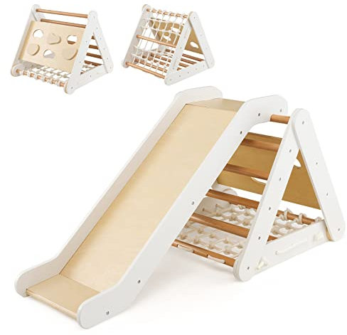 LIFEZEAL Triángulo de Escalada 4 en 1 con Tobogán de Madera, Red de Escalada, Tablero y Escalera, Estructura Triangular de Escalada para Interior y Exterior, Capacidad de Carga 50 kg (Blanco+Natural)