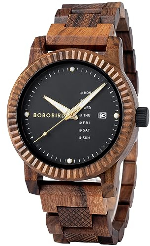 BOBO BIRD Mens Wooden Watch Analog Quartz with Week Display Lightweight Handmade Wood Wrist Watch for Men
