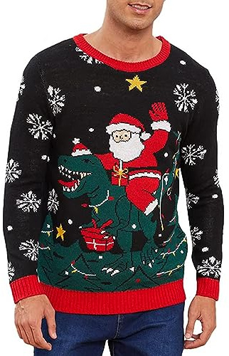 Jersey Hombre Navidad, Jersey Navideño Feo, Suéter Navideño, Ugly Sweater Pullover Christmas Papá Noel Y Dinosaurio Oversized Sweatshirt Jumper Punto Manga Larga Invierno Cuello Redondo (XL, A)