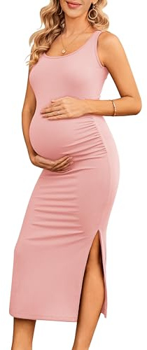 Ekouaer Stretchy Baby Shower Dress Long Ribbed Knit Pregnancy Loungewear Sleeveless Tight Long Dresses Pink M
